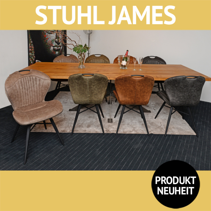 Stuhl JAMES, Tischuntergestell SPIDER, Laserschnitt, carbonfarbig, Tischplatte APOLLO, Massivholz Balkeneiche