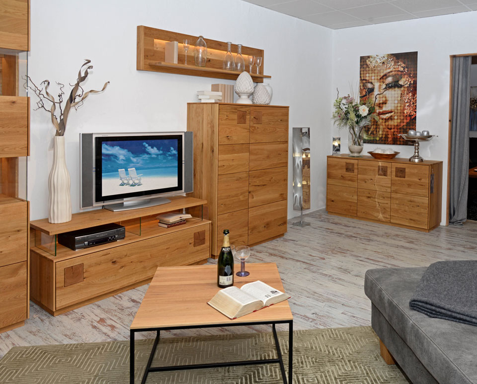 moderne Möbel für Ihr Wohnzimmer, ZÜRICH, Wildeiche massiv, natur geölt, Doppel-Vitrine, TV-Lowboard, Wandboard, Highboard