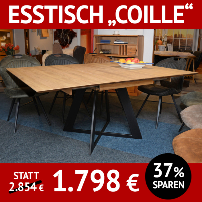 Esstisch COILLE, quadratisch, ausziehbar auf rechteckig, Wildeiche massiv, natur geölt