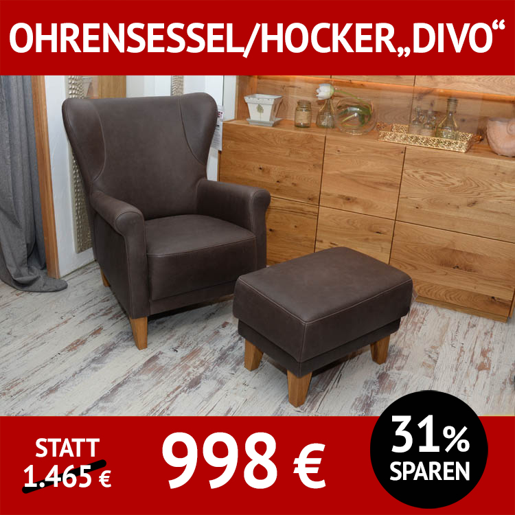 Ohren-Sessel aus Leder DIVO mit Hocker, Bezug Leder, Füsse Eiche, Highboard ZÜRICH, Wildeiche massiv