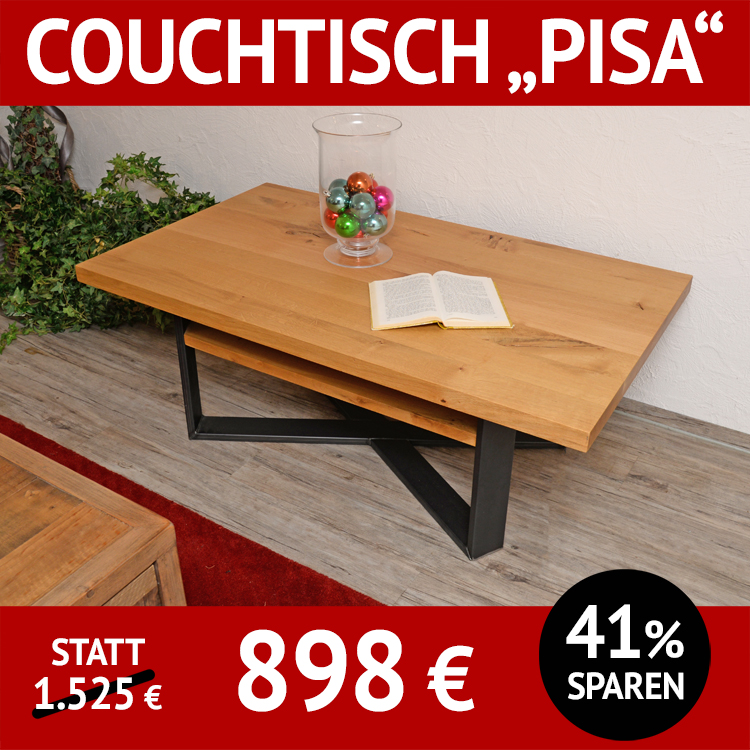 Couchtisch PISA, Ureiche massiv, geölt, mit Ablage