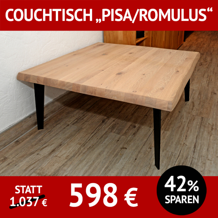 Couchtisch-Platte PISA, Wildeiche massiv, white wash geölt, Couchtisch-Untergestell ROMULUS, Metall schwarz pulverbeschichtet