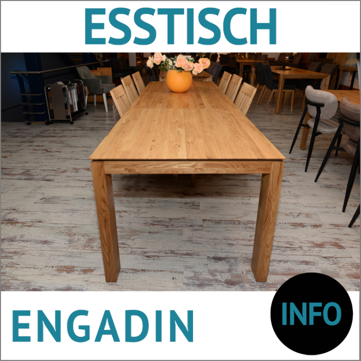 Massivholzesstisch ENGADIN, Wildeiche, massiv, natur geölt, 4-Fuß-Tisch mit Auszug und Schweizer Kante