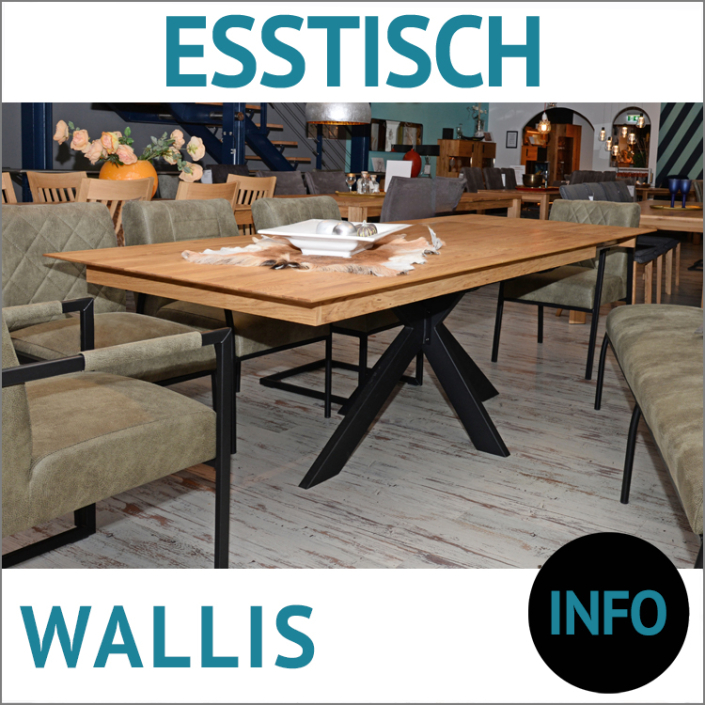 Massivholz Esstisch WALLIS Wildeiche massiv, Natur, geölt,, Schweizer kante, Spider-Untergestell, Rohstahl schwarz matt