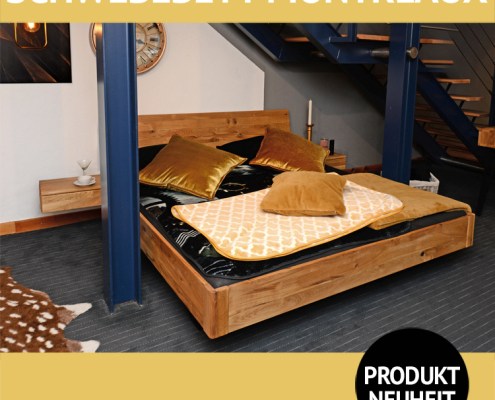Bett MONTREAUX, Schwebekufen-Doppelbett mit Holzkopfteil, Wildeiche massiv, geölt, Schwebekufe aus Metall, schwarz pulverbeschichtet