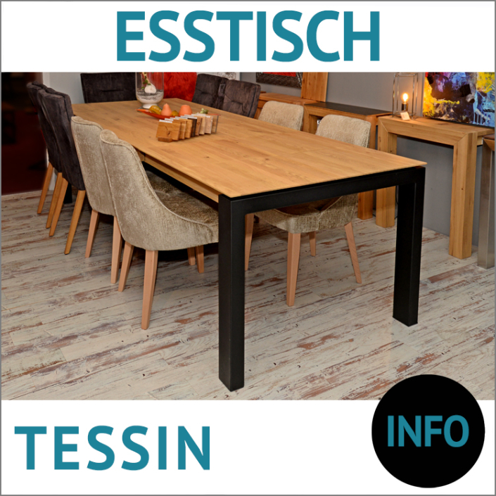 Holztisch TESSIN, Wildeiche massiv, Roheffekt geölt, mit 2 Klappeinlagen und schwarzem Kufengestell, Stuhl ESSEX mit Beinen aus Wildeiche und samtigem Bezug