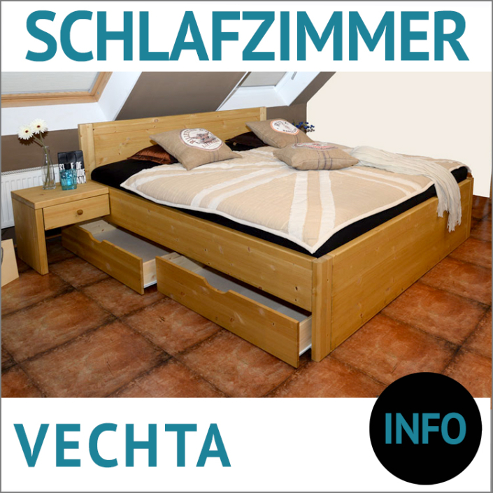 Schlafzimmer, Bett mit Schubladen VECHTA, Kiefer massiv, gelaugt, geölt, auch in weiß lasiert