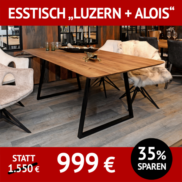 Esstisch mit Platte LUZERN, Balkeneiche mit Schweizer Kante, und Untergestell ALOIS