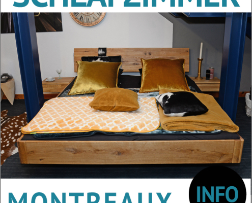 Bett aus Holz MONTREAUX 2, Schwebekufen-Doppelbett mit Holzkopfteil, Wildeiche massiv, geölt, Schwebekufe aus Metall, schwarz pulverbeschichtet