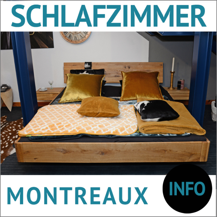 Bett aus Holz MONTREAUX 2, Schwebekufen-Doppelbett mit Holzkopfteil, Wildeiche massiv, geölt, Schwebekufe aus Metall, schwarz pulverbeschichtet