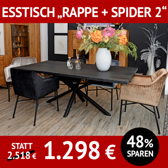 Esstisch RAPPE + SPIDER 2, schwarz geköhlte Massivholzplatte und schwarz pulverbeschichtetes Untergestell