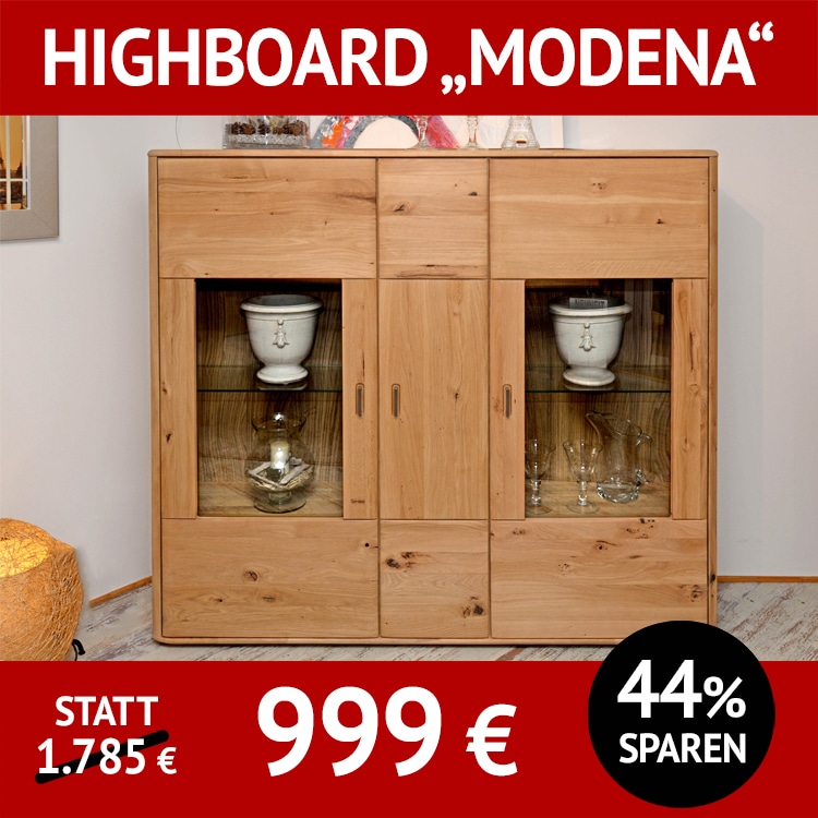 Wohnzimmerschrank Highboard MODENA, Wildeiche, massiv, bianco geölt, mit Beleuchtung