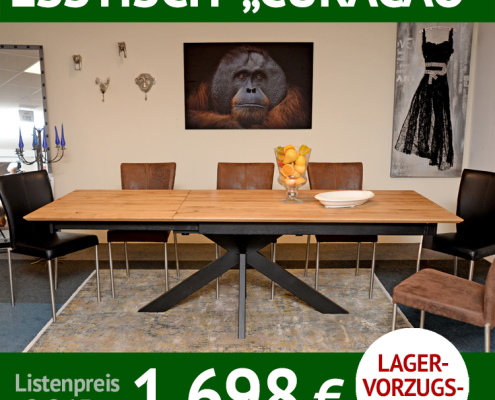 Esstisch CURACAO, Wildeiche, massiv mit schwarzem Metalluntergestell, der Tisch ist ausziehbar