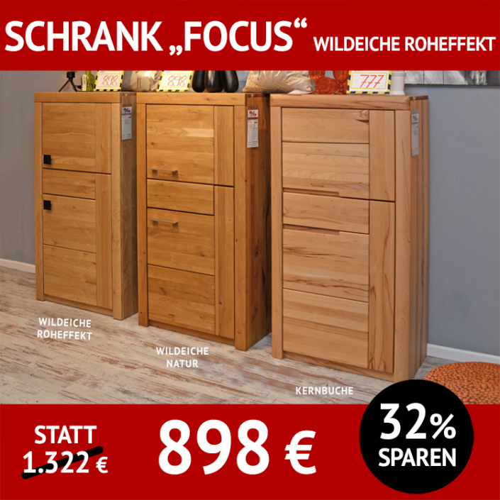 Wohnzimmerschränke FOCUS, Funktionsschränke in verschiedenen Massivhölzern, Oberflächen, Lisenen und Griffvarianten