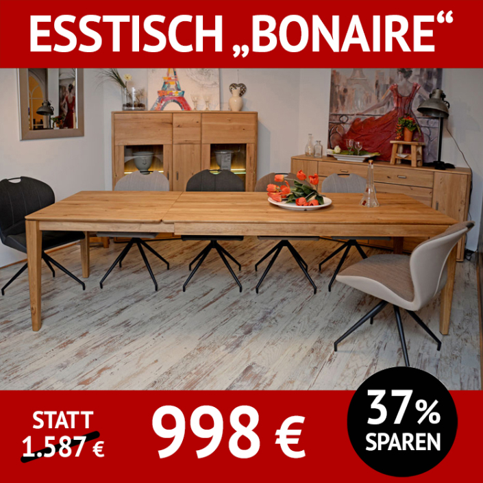 Esstisch Bonaire, Wildeiche, massiv, zum Ausziehen,