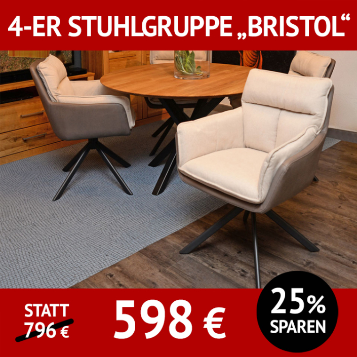 drehbarer Stuhl BRISTOL als 4-er Stuhlgruppe, mit Armlehnen, innen und außen unterschiedlich bezogen,