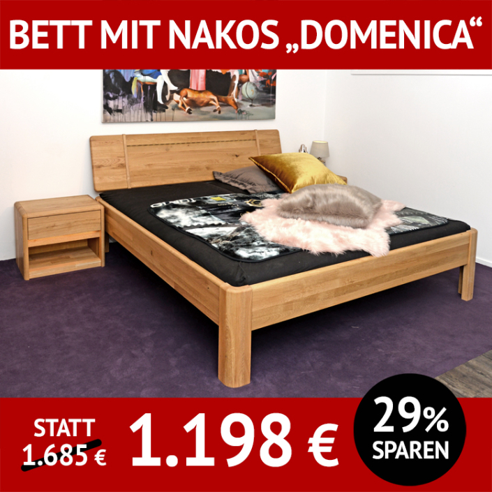 Bett mit 2 Nachtkommoden DOMENICA, Doppelbett, Wildeiche massiv, Roheffekt geölt