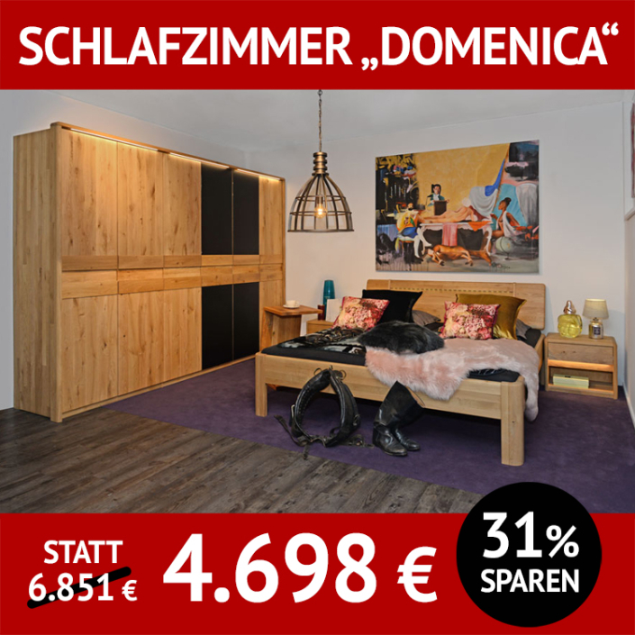 Schlafzimmer DOMENICA, Kleiderschrank, Doppelbett, 2 Nachtkommoden, Wildeiche massiv, Roheffekt geölt