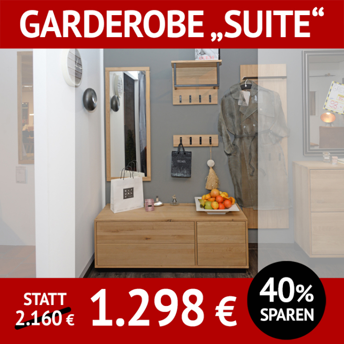 4-teilige, moderne Garderobe SUITE, Wildeiche massiv, bianco geölt, in vielen anderen Massivholz-Varianten erhältlich