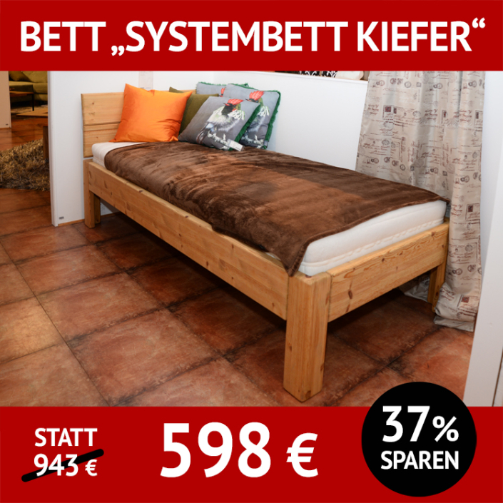 Bett SYSTEMBETT, 90 x 200 cm, Kiefer massiv, gelaugt, geölt
