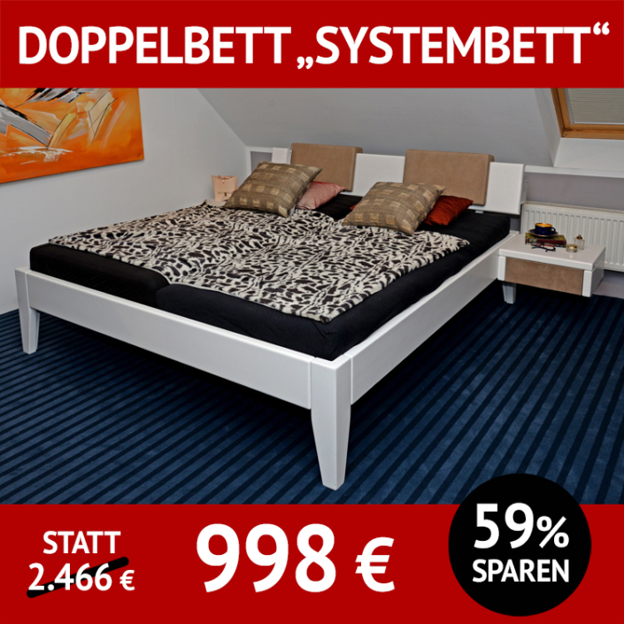 Doppelbett SYSTEMBETT, Kiefer massiv, weiß, astfrei, Komforthöhe, auch als Bett mit Stauraum