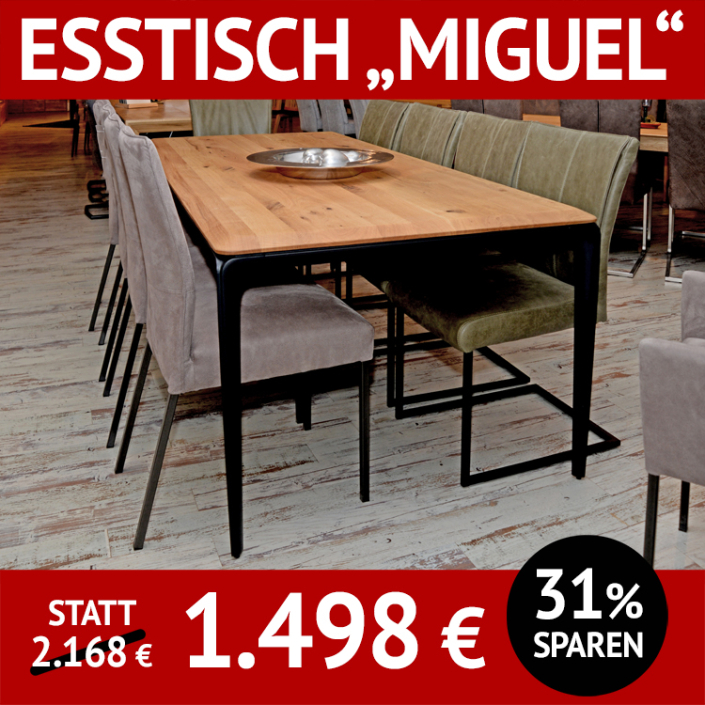 Esstisch MIGUEL, Platte aus massiver Wildeiche, Beine aus Metall