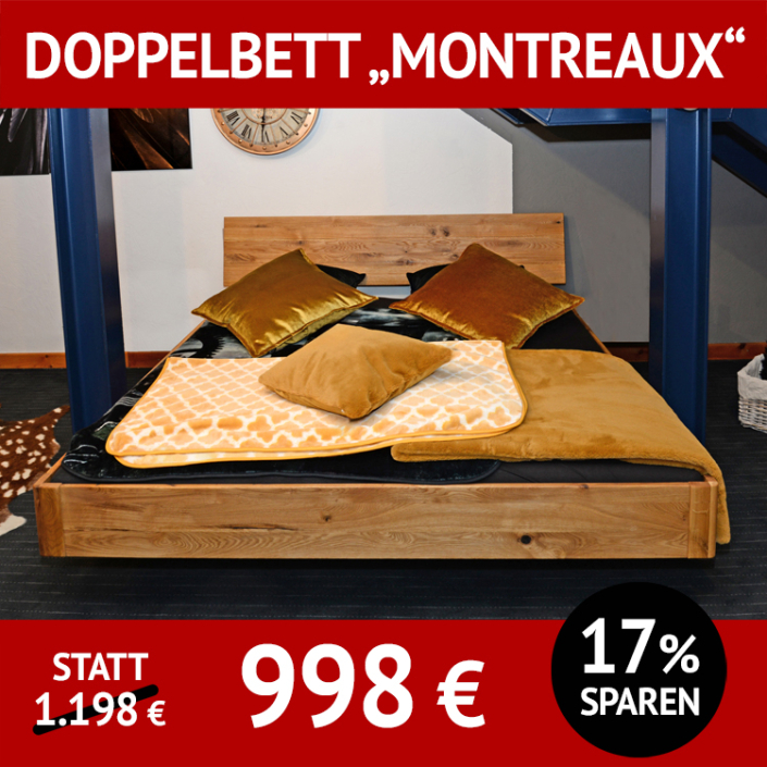 Bett MONTREAUX 2, Schwebekufen-Doppelbett mit Holzkopfteil, Wildeiche massiv, geölt, Schwebekufe aus Metall, schwarz pulverbeschichtet