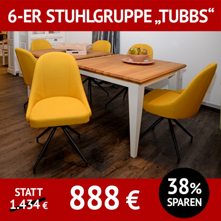 Stuhl TUBBS als 6-er Stuhlgruppe, Bezug in sonnigem gelb, drehbares Untergestell