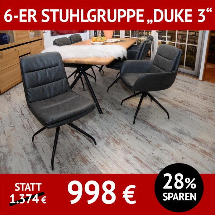 6-er Stuhlgruppe DUKE 3, 2 Armlehnstuhle und 4 Stühle ohne Armlehnen