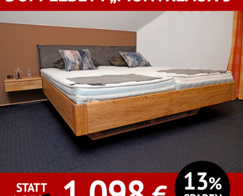 Bett MONTREAUX 5, Doppelbett mit Holzkufe und Polsterkopfteil, Wildeiche massiv, natur geölt, 180 x 200 cm,