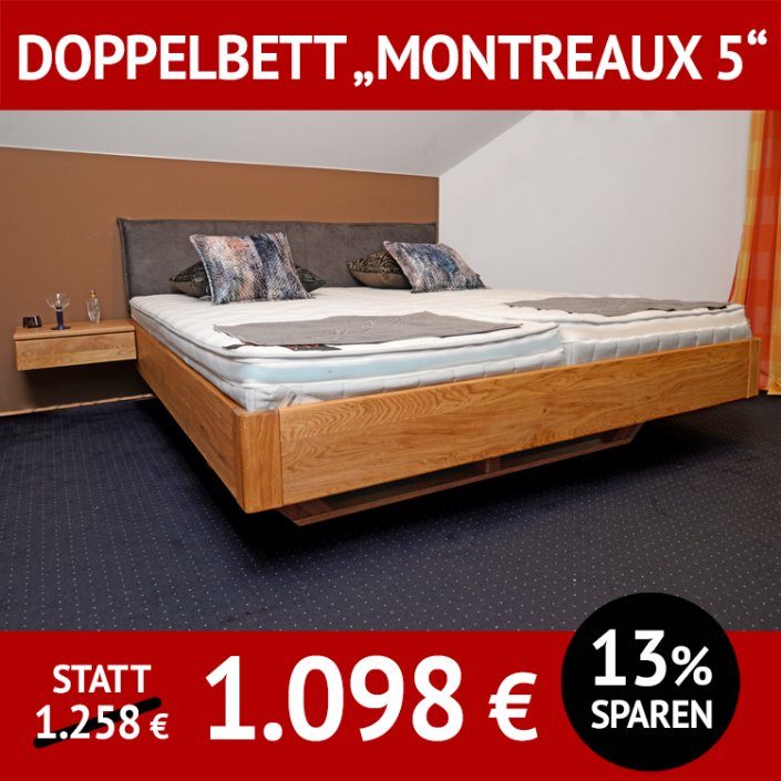 Bett MONTREAUX 5, Doppelbett mit Holzkufe und Polsterkopfteil, Wildeiche massiv, natur geölt, 180 x 200 cm,