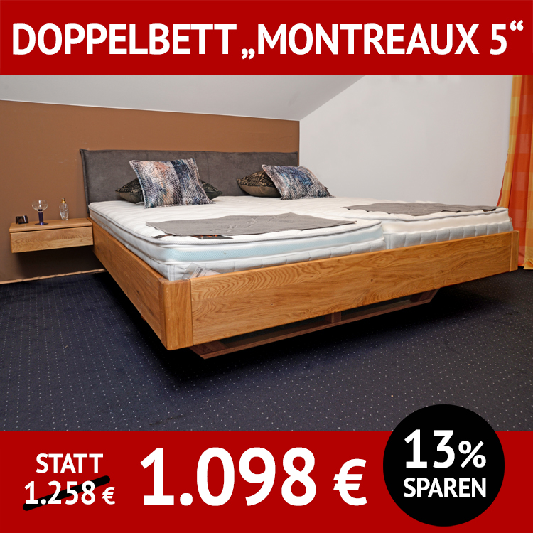 Bett MONTREAUX 5, Doppelbett mit Holzkufe und Polsterkopfteil, Wildeiche massiv, natur geölt, 180 x 200 cm,