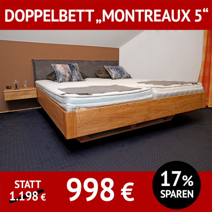 Bett MONTREAUX 5, Doppelbett mit Holzkufe und Polsterkopfteil, Wildeiche massiv, natur geölt, 180 x 200 cm,
