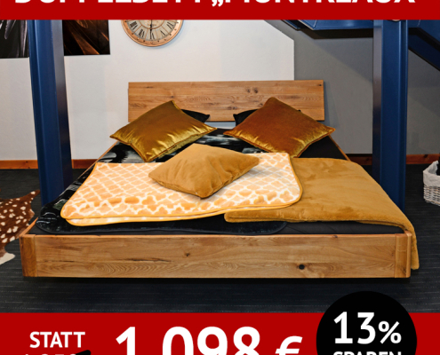 Bett MONTREAUX 2, Schwebekufen-Doppelbett mit Holzkopfteil, Wildeiche massiv, geölt, Schwebekufe aus Metall, schwarz pulverbeschichtet