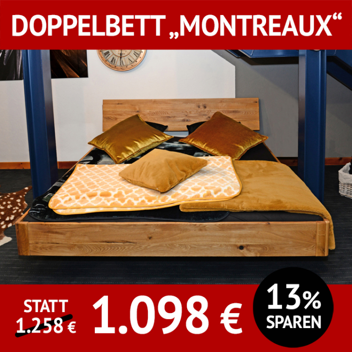 Bett MONTREAUX 2, Schwebekufen-Doppelbett mit Holzkopfteil, Wildeiche massiv, geölt, Schwebekufe aus Metall, schwarz pulverbeschichtet