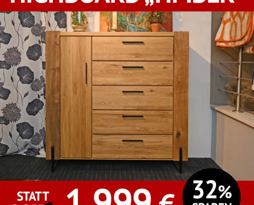 Wohnzimmerschränke TIMBER, Highboard mit 5 Schubladen, Wildeiche massiv