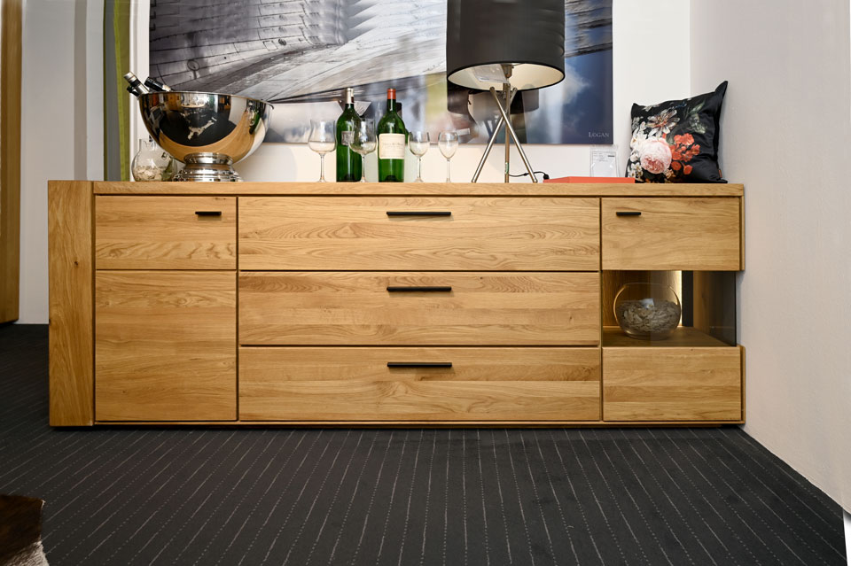 Wohnzimmerschränke TIMBER, Sideboard mit 3 Schubladen, Wildeiche massiv Wohnzimmerschränke TIMBER, Sideboard mit 3 Schubladen, Wildeiche massiv