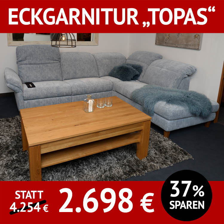 Sofa Topas Relax, Eckgarnitur mit Relaxfunktion, klappbare Armlehne, Polsterung Federkern