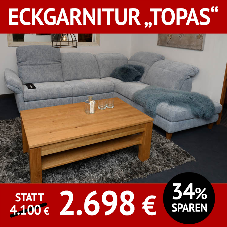 Sofa Topas Relax, Eckgarnitur mit Relaxfunktion, klappbare Armlehne, Polsterung Federkern