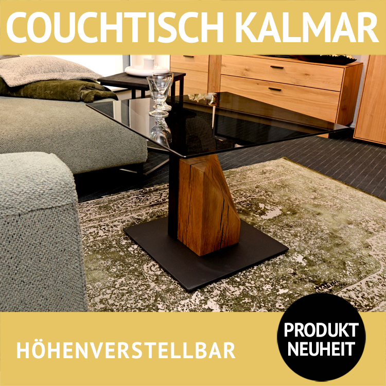 Couchtisch KALMAR, höhenverstellbar mit Lift, Platte aus Glas, Fuß Massivholz