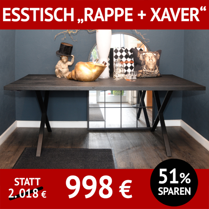 Esstisch RAPPE, Massivholz Ureiche, geköhlt mit Untergestell XAVER, Rohstahl, schwarz pulverbeschichtet