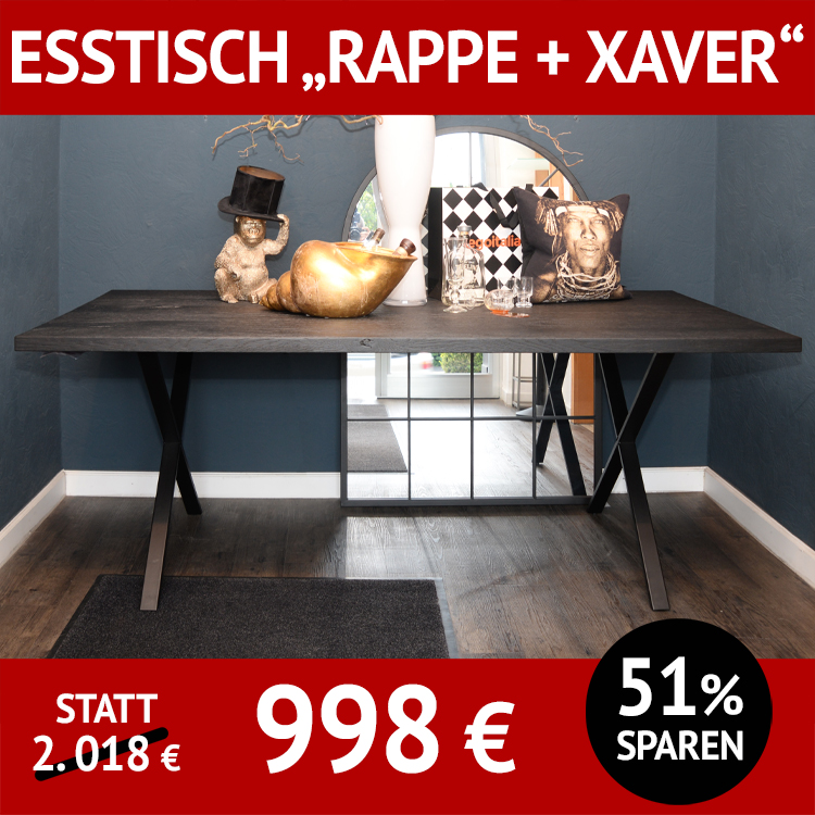 Esstisch RAPPE, Massivholz Ureiche, geköhlt mit Untergestell XAVER, Rohstahl, schwarz pulverbeschichtet