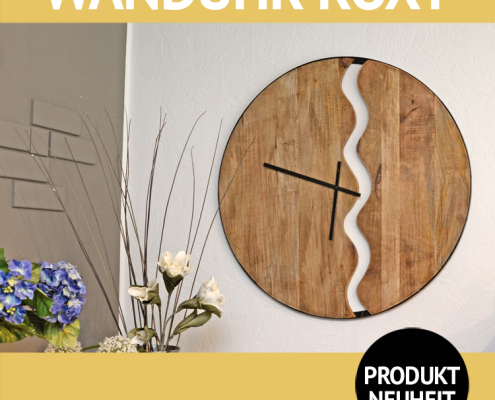 Wanduhr ROXY, massives Holz in einer Metallumrandung