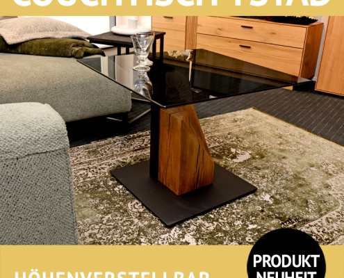 Couchtisch YSTAD, höhenverstellbar mit Lift, Platte aus Glas, Fuß Massivholz
