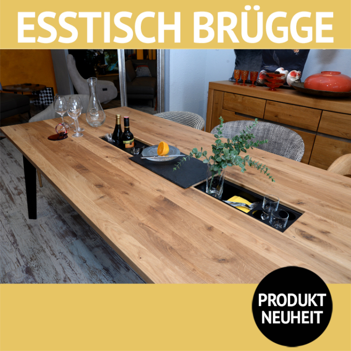 Esstisch BRÜGGE, Platte Wildeiche, massiv geölt, Untergestell schwarz pulverbeschichtetes Metall, mit Boxensystem und Schieferplatte