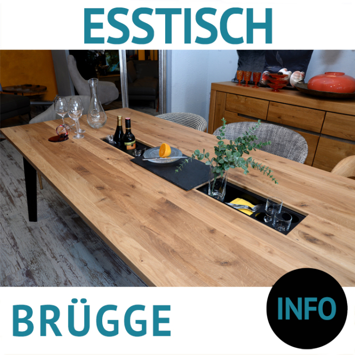 Esstisch Echtholz BRÜGGE, Wildeiche massiv, Füße Metall, pulverbeschichtet, mit Partyboxen aus Kunststoff und Schieferplatte