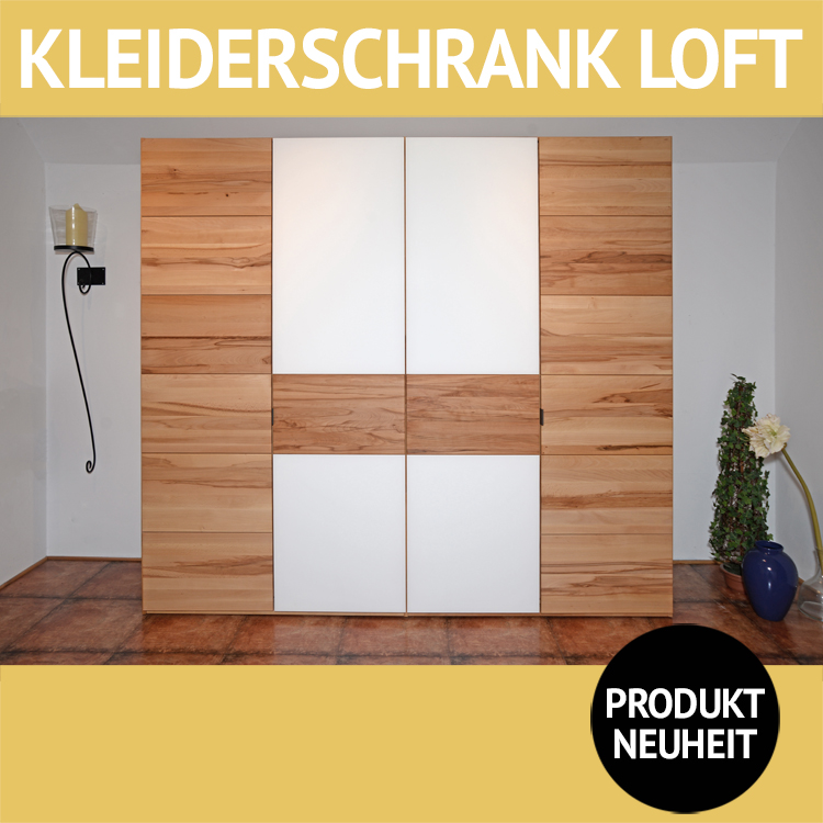 Kleiderschrank LOFT in Kernbuche, massiv, mit weißen Glastür-Elementen