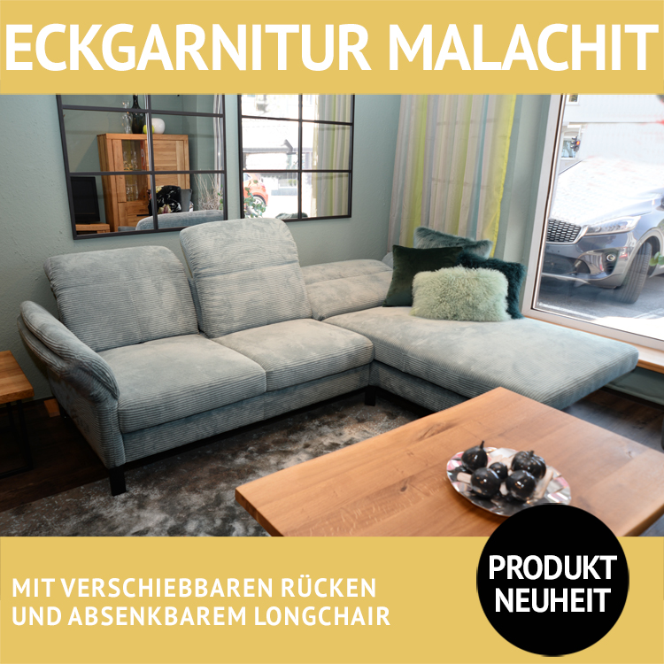 Sofa MALACHIT, verschiebbare Rückenlehnen, hier mit absenkbarem Longchair, Bezug: Cord