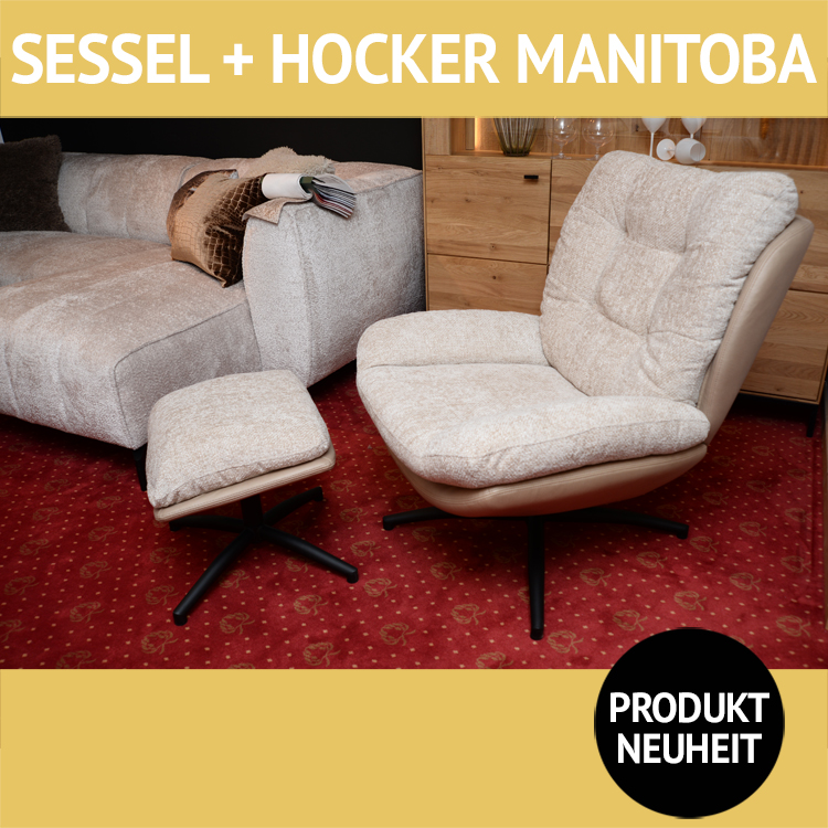 Sessel mit passendem Hocker MANITOBA, drehbar und mit Wippfunktion, die Rückseite ist anders bezogen