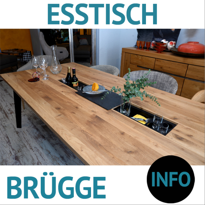 Esstisch Echtholz BRÜGGE, Wildeiche massiv, Füße Metall, pulverbeschichtet, mit Partyboxen aus Metall und Schieferplatte
